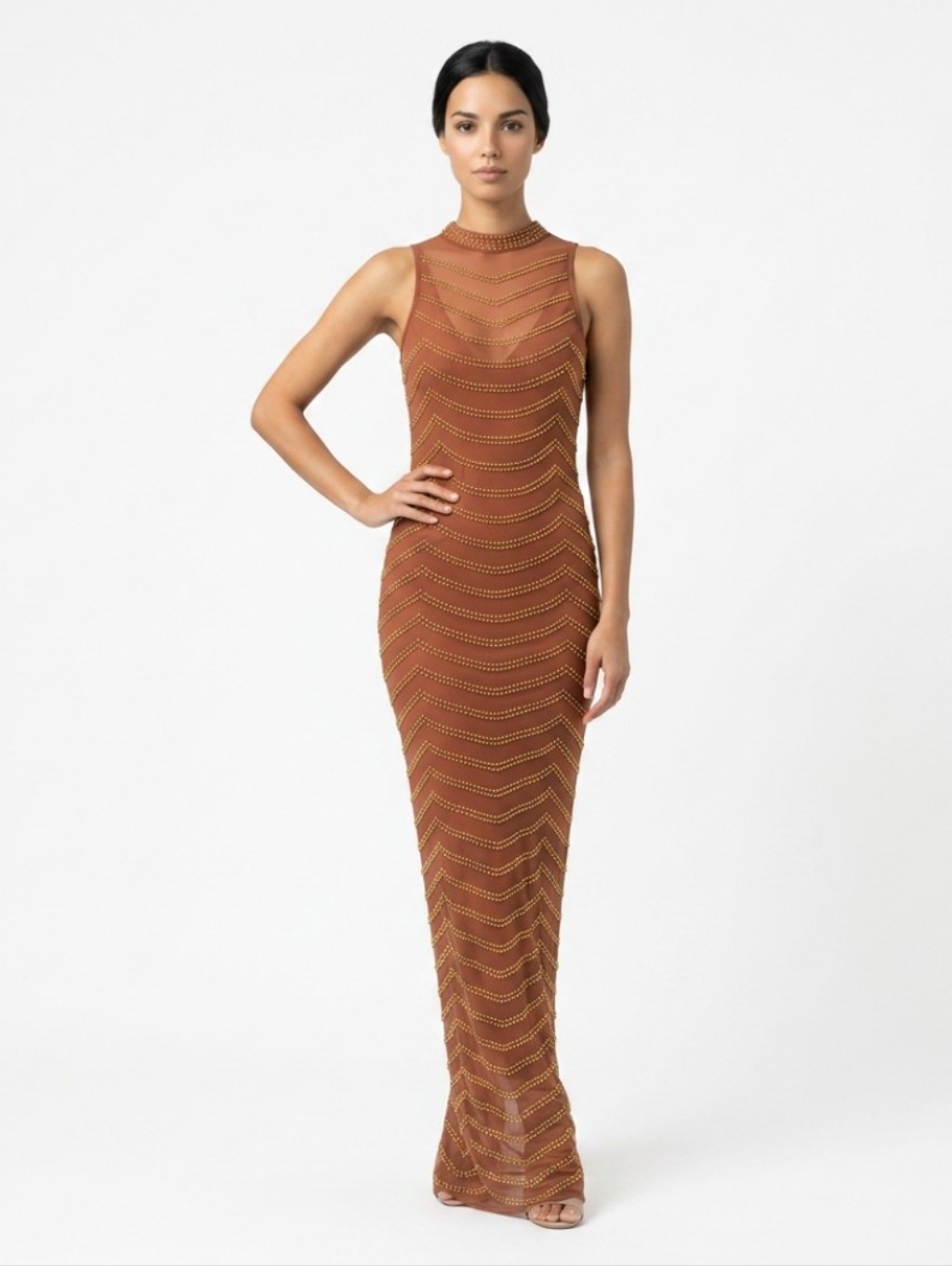 Elegant Sleeveless Maxi Dress Copper With Chevron Studded Texture Mesh Fabric Xs